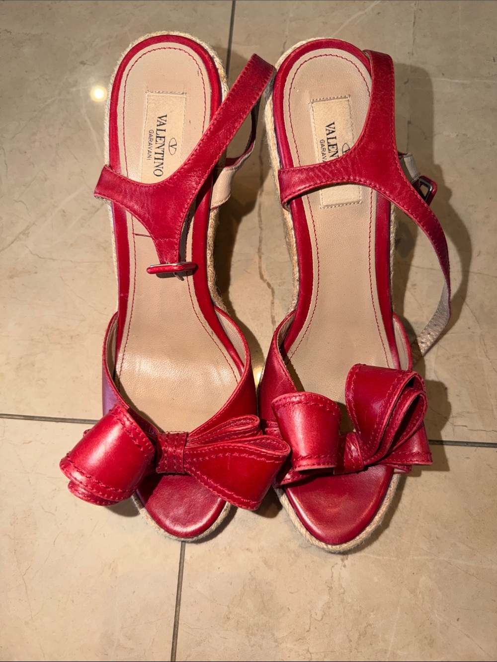 Valentino Red Leather Bow Wedge Slingbacks refurbished size 39.5